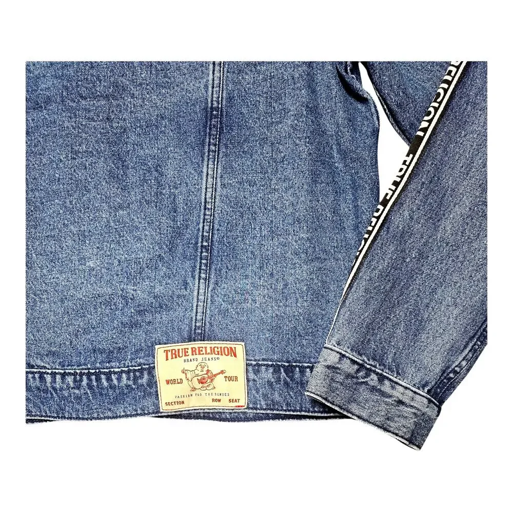 True Religion Men’s Denim Trucker Jacket Logo Taping Blue Jean Coat Large New